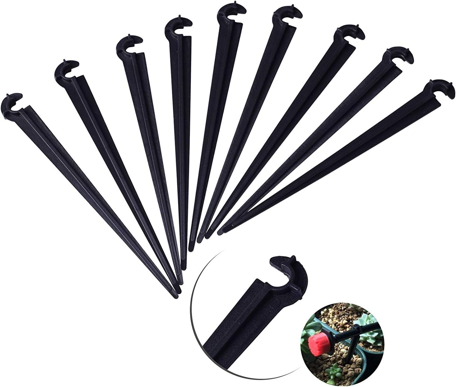 Gardening Emitter Dripper，Hook Fixed Stems Support Holder，Adjustable Micro Flow Drip Watering Sprinkler for 4/7 Drip Irrigation Water Hose (100Pcs Support Stakes)