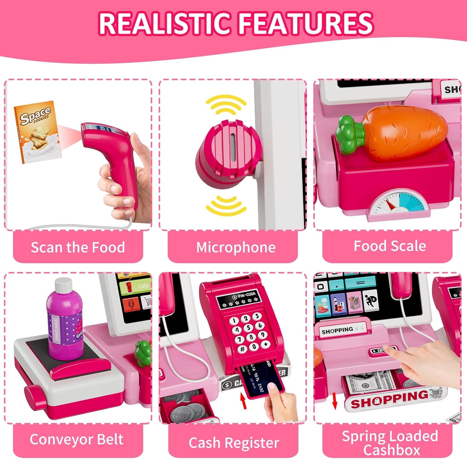 Kids Cash Register Toy Playset with Real Calculator, Toddler Pretend Play Store Incl Scanner/Credit Card/Play Money/Conveyor/Food Toys, Learning Toys Gifts for Girls Ages 4-8 8-12, Pink