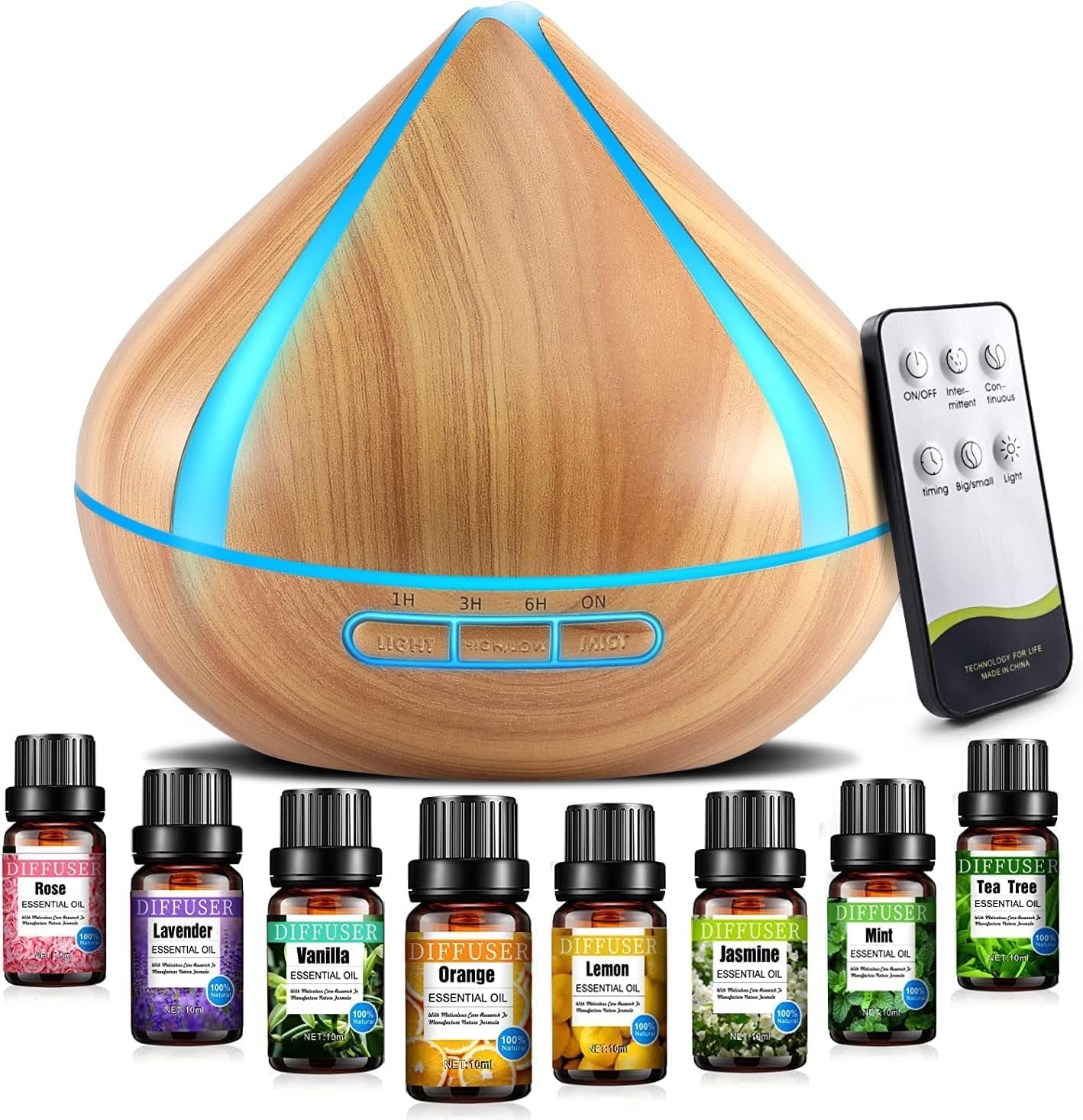 500ML Scented Oil Diffusers with 8 Essential Oils Set, Aromatherapy Diffusers Air Freshener, Diffusers with Remote Control, 4 Timer, Auto-Waterless Shut-Off for Bedroom, Large Room