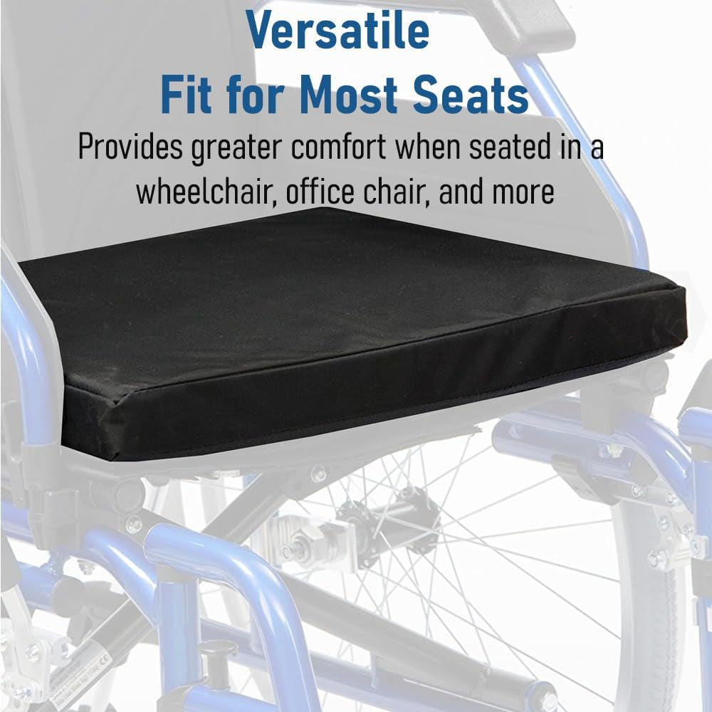 Foam Large Seat Cushion - Perfect for Office Chair, and Wheelchairs Non Slip Smooth Pain Relief - Moister Wicking Vinyl Wipeable Black Zip Cover (20" X 18" X 4")