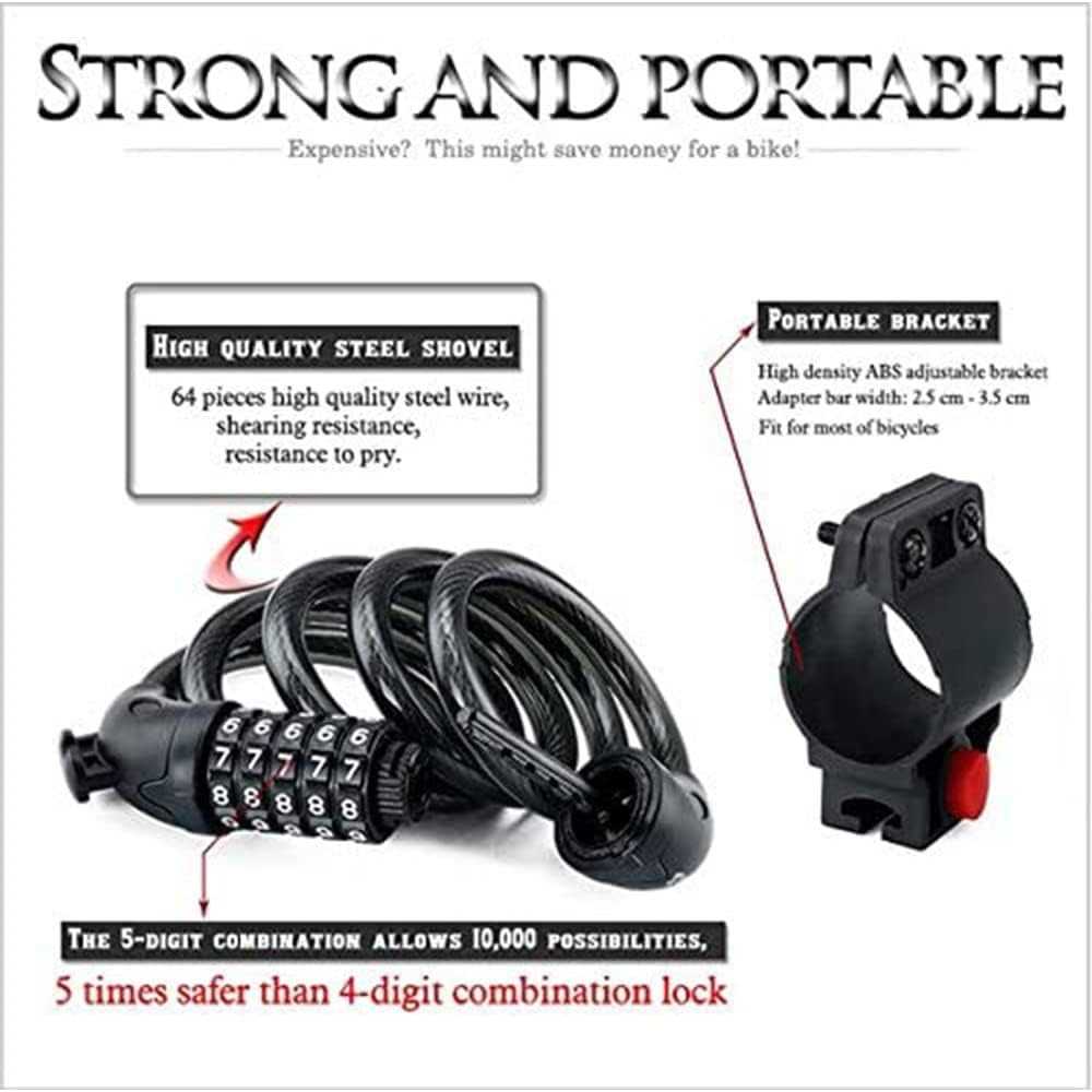 Bicycle Lock - High Security 5 Digit Combination Coiling Cable Lock, Best for Outdoors, 1.2Mx12Mm