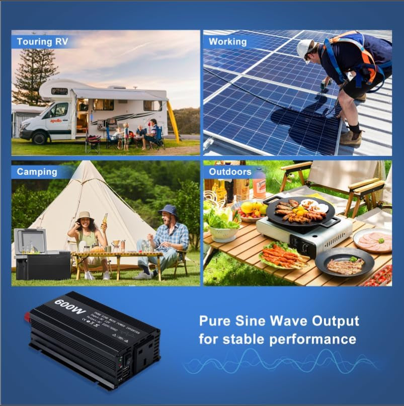 Aluminum Alloy 600W Pure Sine Wave Power Inverter - DC 12V to AC 230V Car Converter with 2 USB Ports and Cigarette Adapter