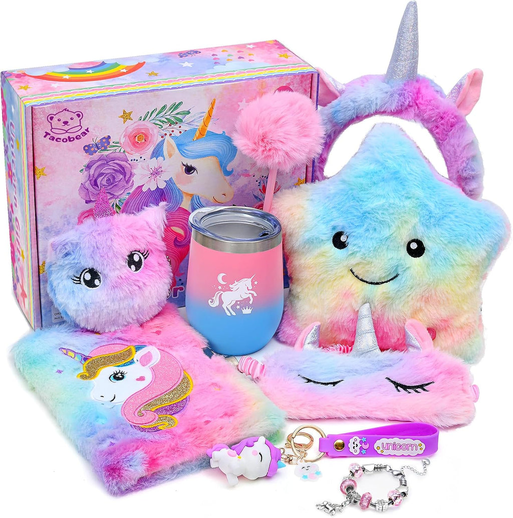 Unicorns Gifts for Girls Kids Toys 6 7 8 9 10 Years Old with Star Light up Pillow Stationery Plush Diary with Lock Headband Eye Mask Water Bottle Teen Girl Birthday Christmas Unicorn Toy