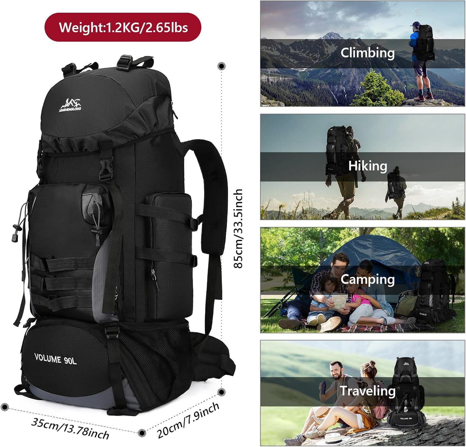 90L Large Hiking Travel Backpack with Rain Cover Molle Rucksack Waterproof Lightweight Travel Daypack for Climbing Camping Touring (Black)