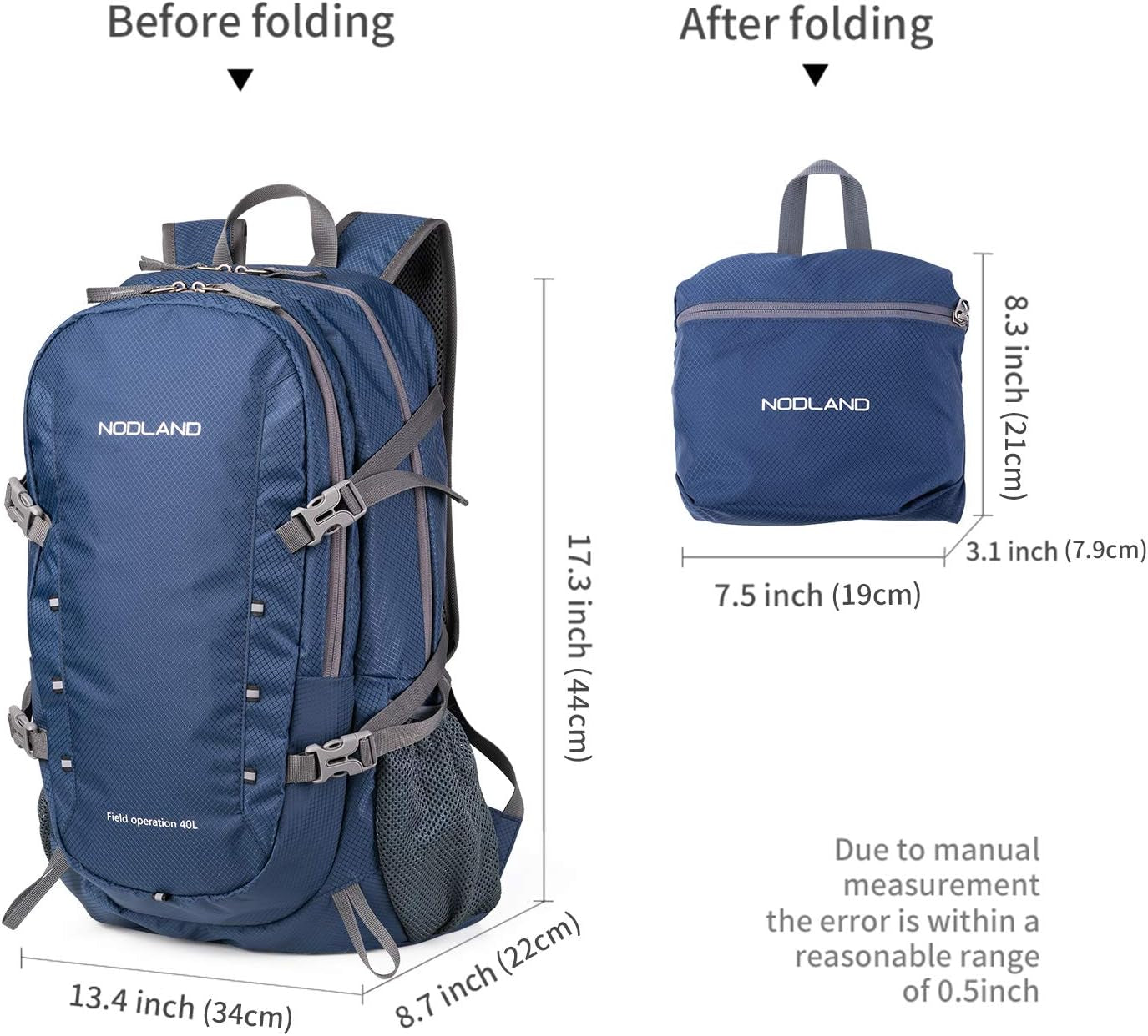 NODLAND Lightweight Backpack Travel 40L Foldable Water-Resistant Daypack, Hiking Outdoor Camping Rucksack for Men Women