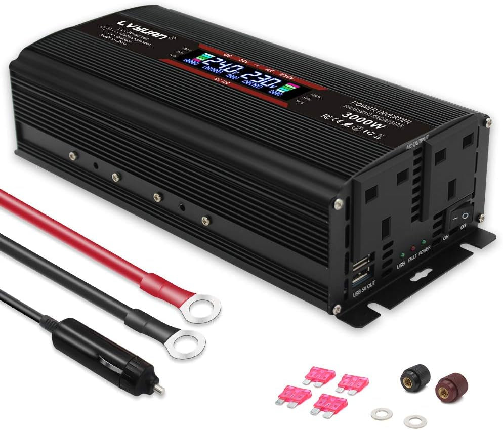 24V 1500W Modified Sine Wave Power Inverter, 24V to AC 230V 240V Voltage Converter with LCD +2UK Socket & Dual USB