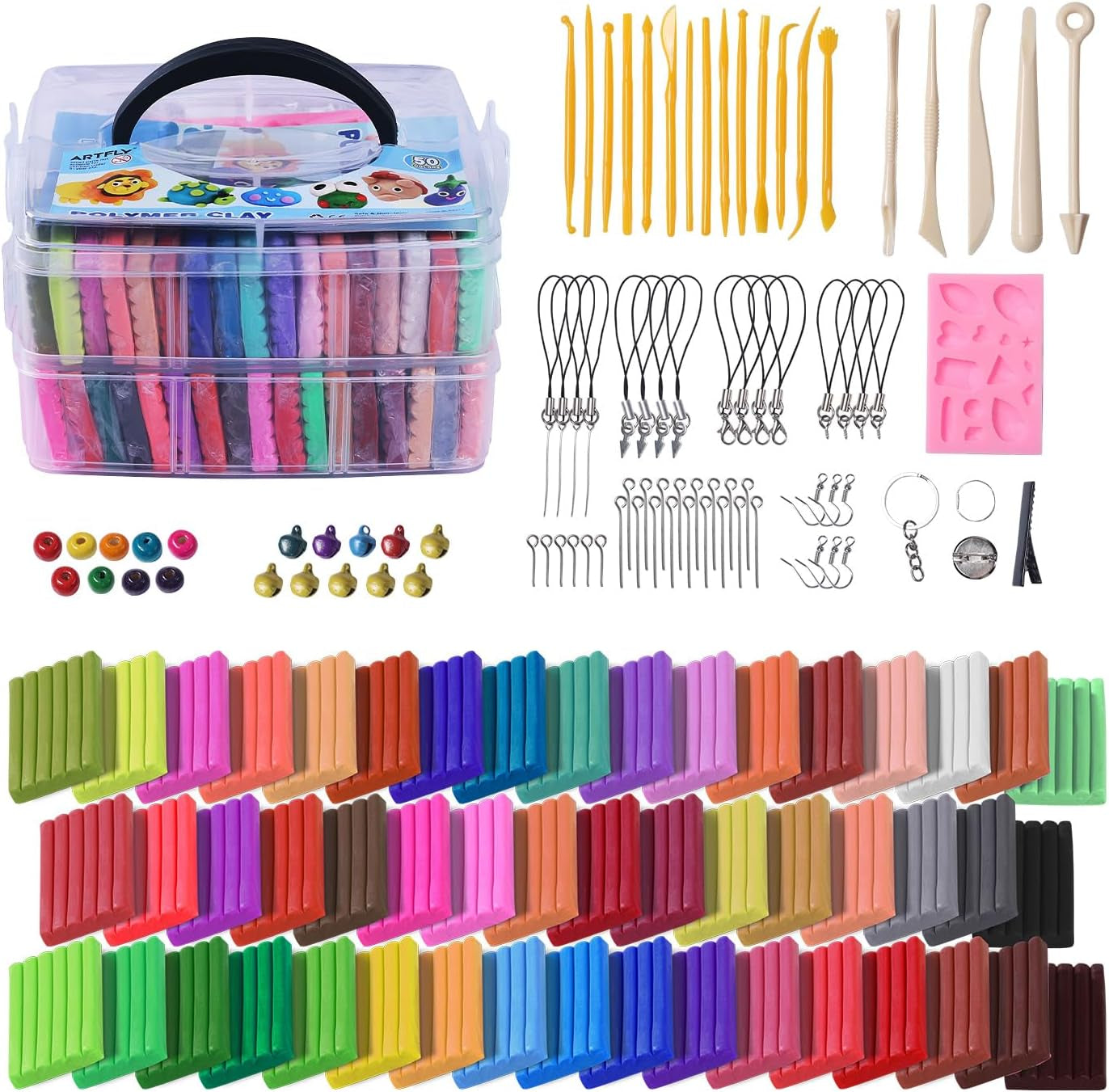 Polymer Clay, 50 Colors Clay Kit, Oven Bake Modeling Clay, Creative Polymer Clay Kit with Sculpting Tools and Jewelry Accessories, Non-Toxic, Ideal DIY Clay Gifts for Adults and Teens
