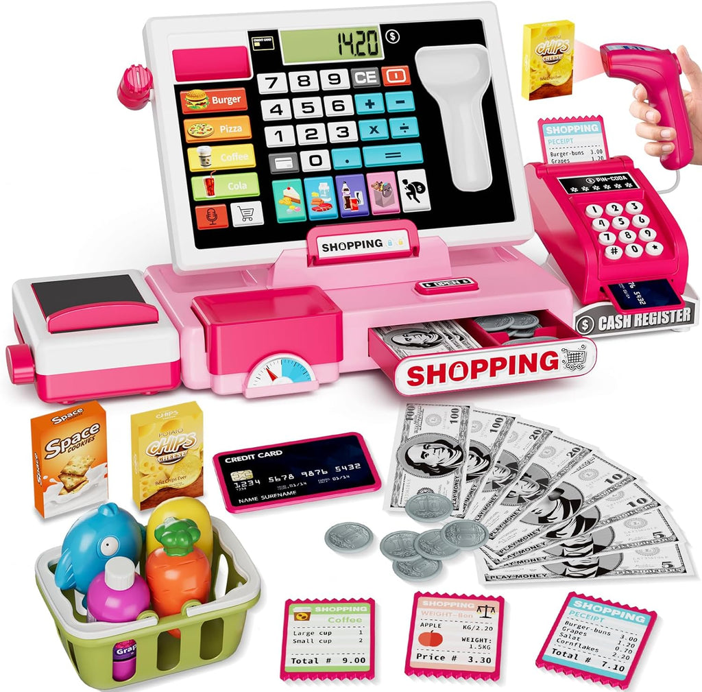 Kids Cash Register Toy Playset with Real Calculator, Toddler Pretend Play Store Incl Scanner/Credit Card/Play Money/Conveyor/Food Toys, Learning Toys Gifts for Girls Ages 4-8 8-12, Pink