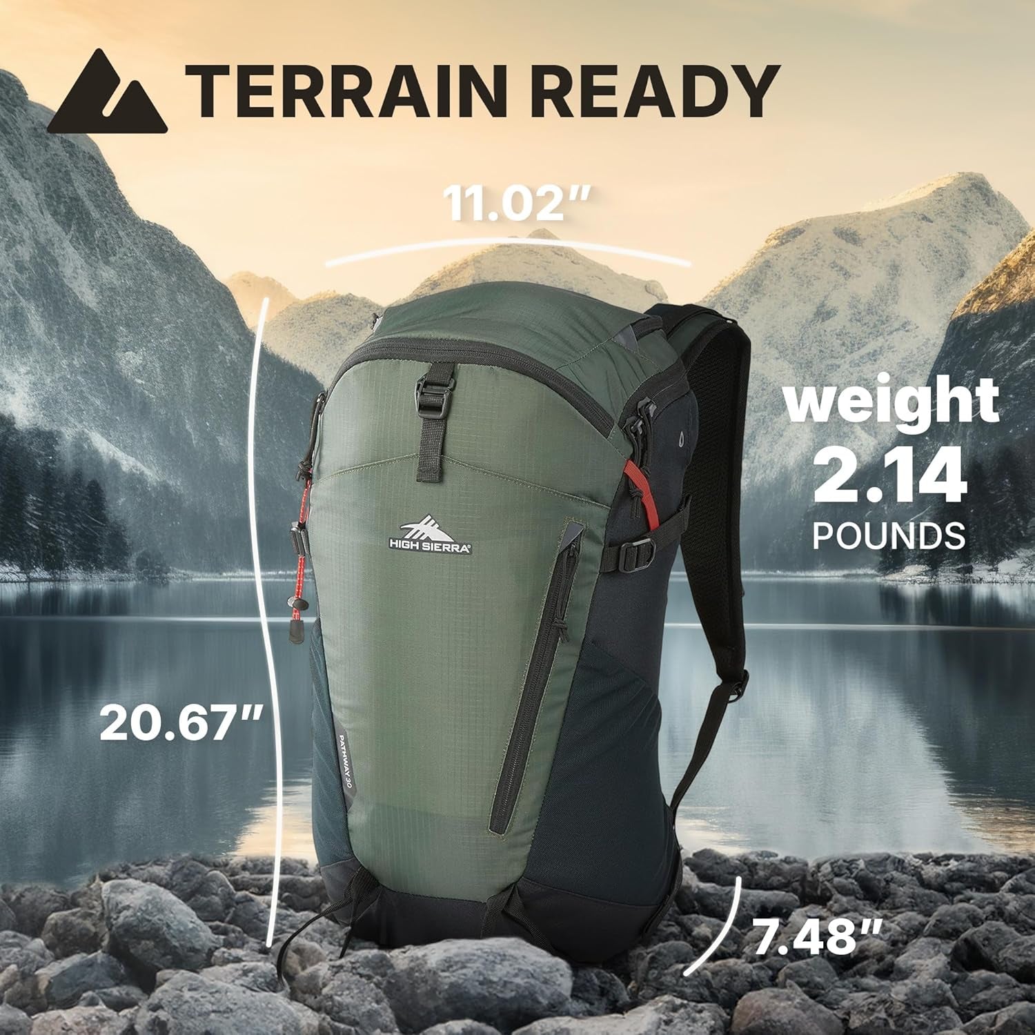 Pathway 2.0 Backpack with Hydration Storage Sleeve, for Hiking, Biking, Camping, Traveling, Forest Green/Black, 30L