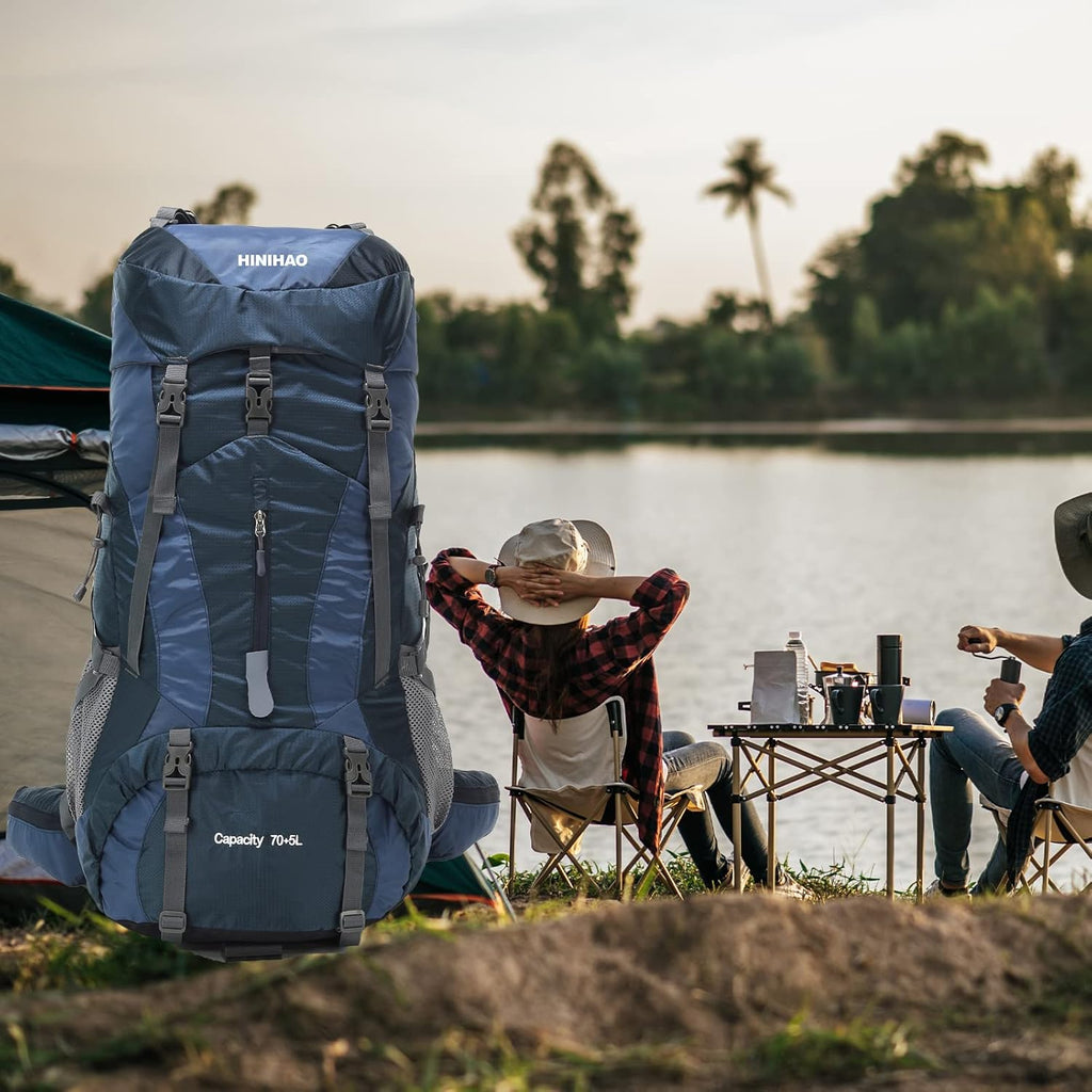 Hiking Backpack for Men and Women 70L+5L Waterproof Lightweight Camping Daypack with Rain Cover (75L Blue)