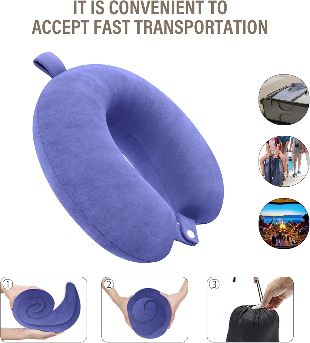 Travel Pillow Memory Foam Neck Pillow Lightweight Quick Pack for Airplane Train Car Travel Camping Neck Support Pillow (Blue)