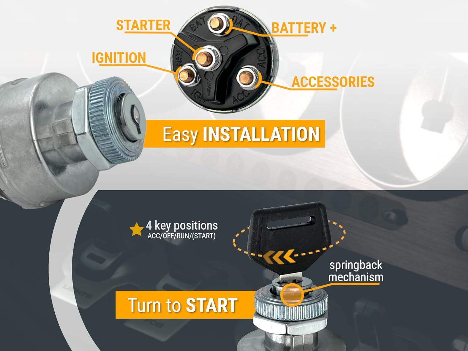 4-Position Universal Ignition Key Switch for 12V Car, Truck, Tractor, Trailer, Forklift - Acc/Off/Ign/(Start)
