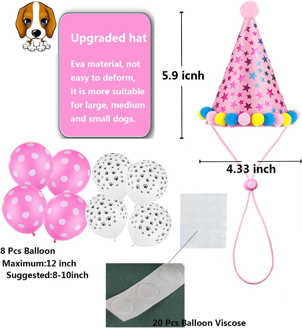 Dog Birthday Bandana, Dog Birthday Boy Hat Scarfs Flag Balloon with Cute Doggie Birthday Party Supplies Decorations (Style1, Pink)