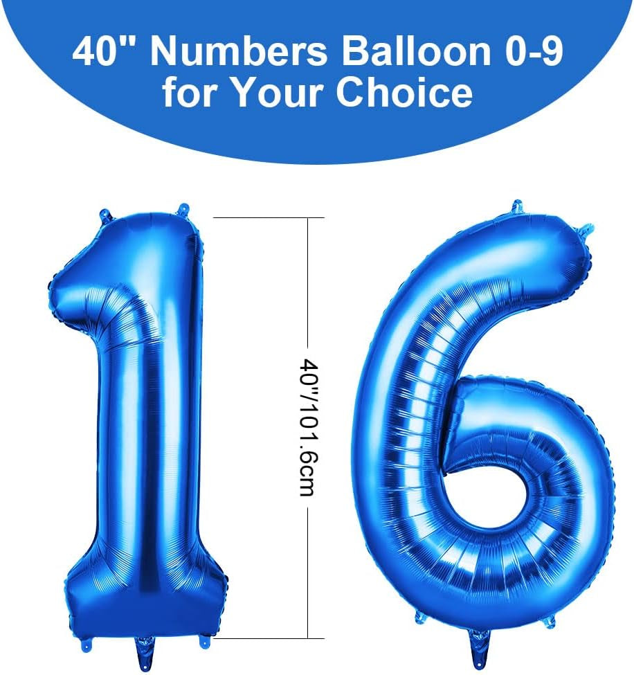 40-Inch Number 16 Helium Balloons, Foil Large Numbers for Birthday, Wedding Party Decorations Celebration Supplies (Blue)