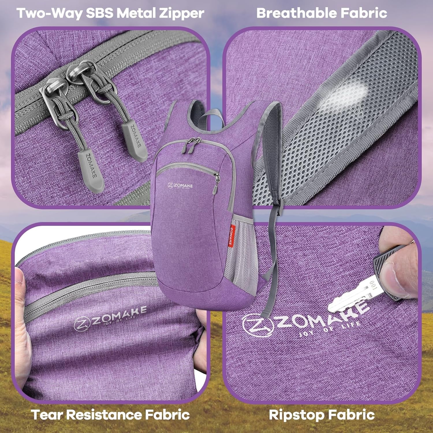 Ultra Lightweight Packable Backpack, 10L Small Daypack Light Foldable Backpacks Water Resistant Day Bag for Hiking (Light Purple)