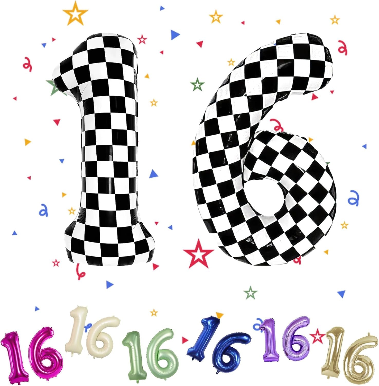 16Th Birthday Checkered Number Balloon - 40" Black & White, Race Car Theme