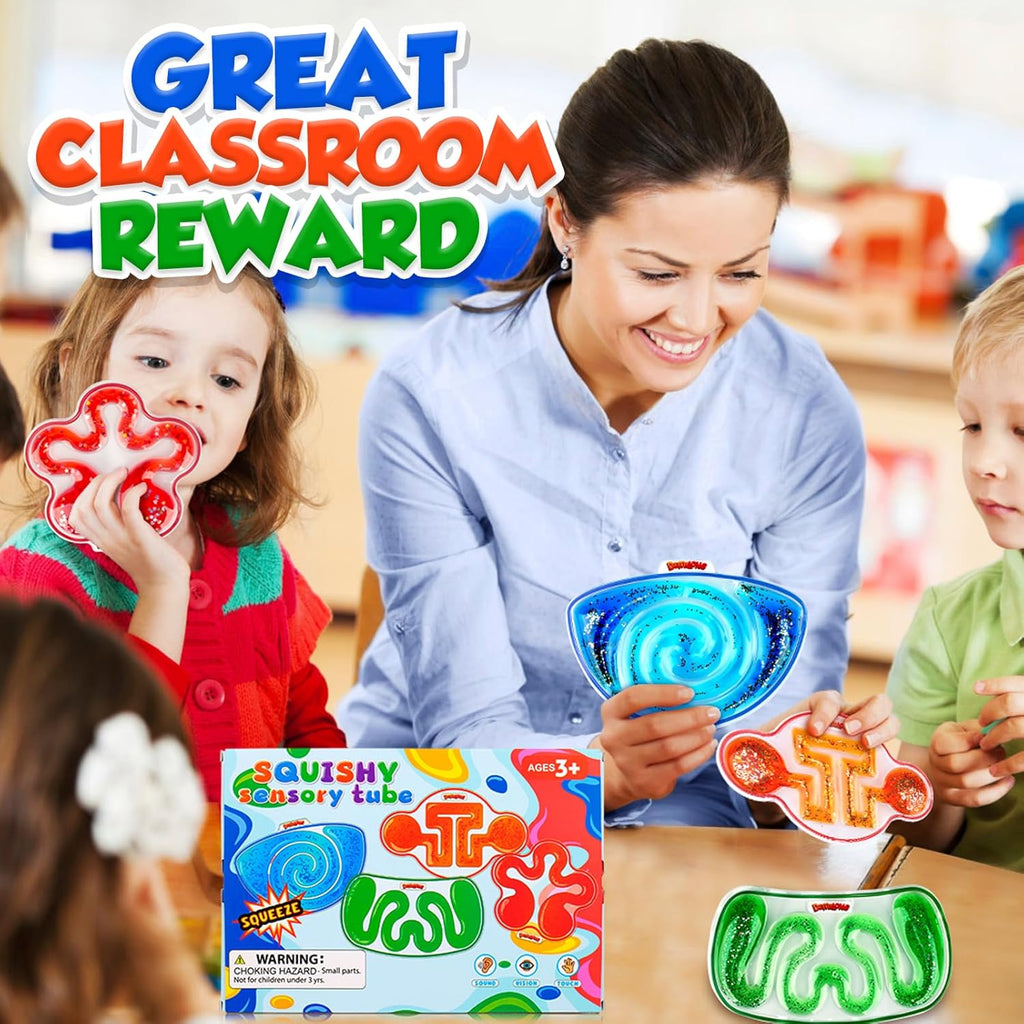 Squishy Sensory Toys for Kids - 4 Pack Fidget Toy Sensory Maze for Autism - Stress Anxiety Relief Toys for Calm down - Squeeze Fidget Toy Filled Goo, Glitter, Prizes for Kids Classroom