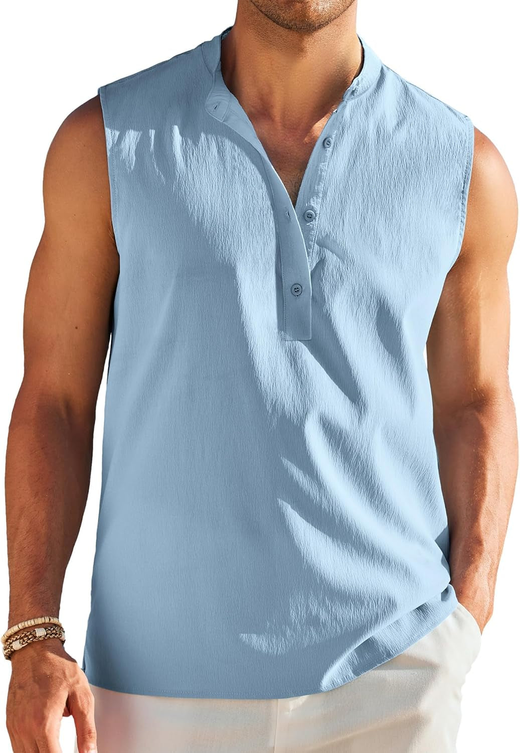 Men Beach Tank Shirt Sleeveless Button up Top Summer Linen Shirt Hawaiian Hippie Tops Light Blue