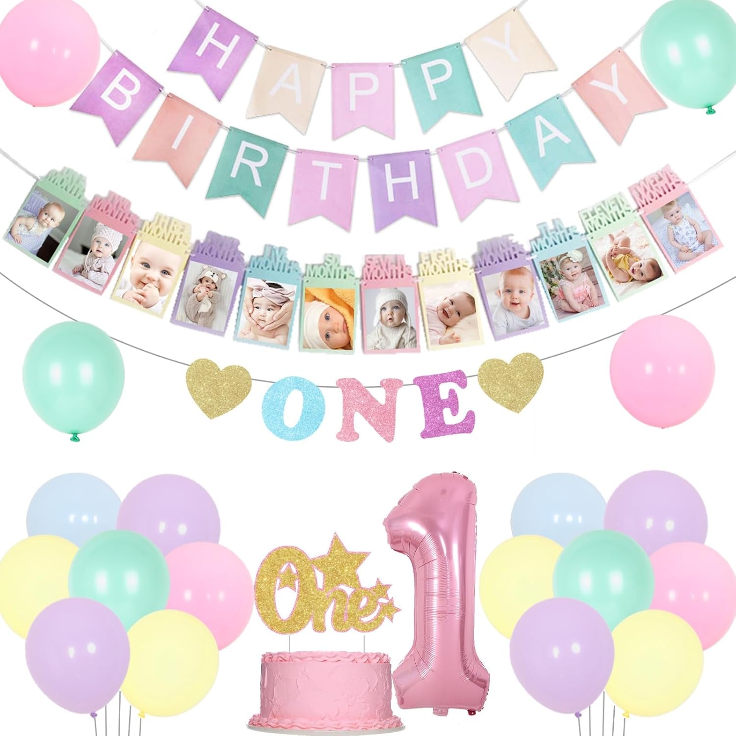 1St Birthday Decorations for Girls Pastel, Macaron Party Decorations Happy Birthday Banner High Chair and Photo Banner 1 Foil Balloon Cake Topper for First Rainbow Bday Party Supplies