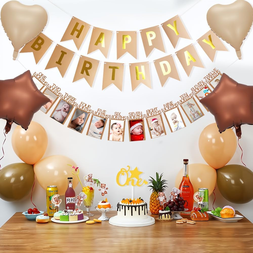 1St Birthday Decorations Boy, Boho First Birthday Decoration, Bear Theme Party Decoration with Giant Bear Foil Balloon, Burnt 1 Number Balloon, Beige Coffee Balloon for Baby Boys Girls First Birthday