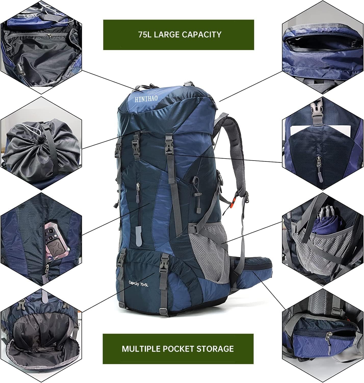Hiking Backpack for Men and Women 70L+5L Waterproof Lightweight Camping Daypack with Rain Cover (75L Blue)