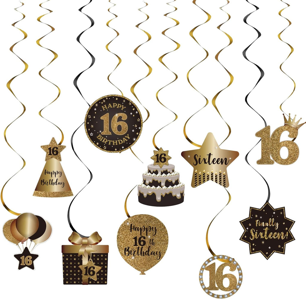 Happy 16Th Birthday Hanging Swirls Streams Ceiling Decorations, Celebration 16 Foil Hanging Swirls with Cutouts for Sweet 16 Years Old Black and Gold Birthday Party Decorations Supplies