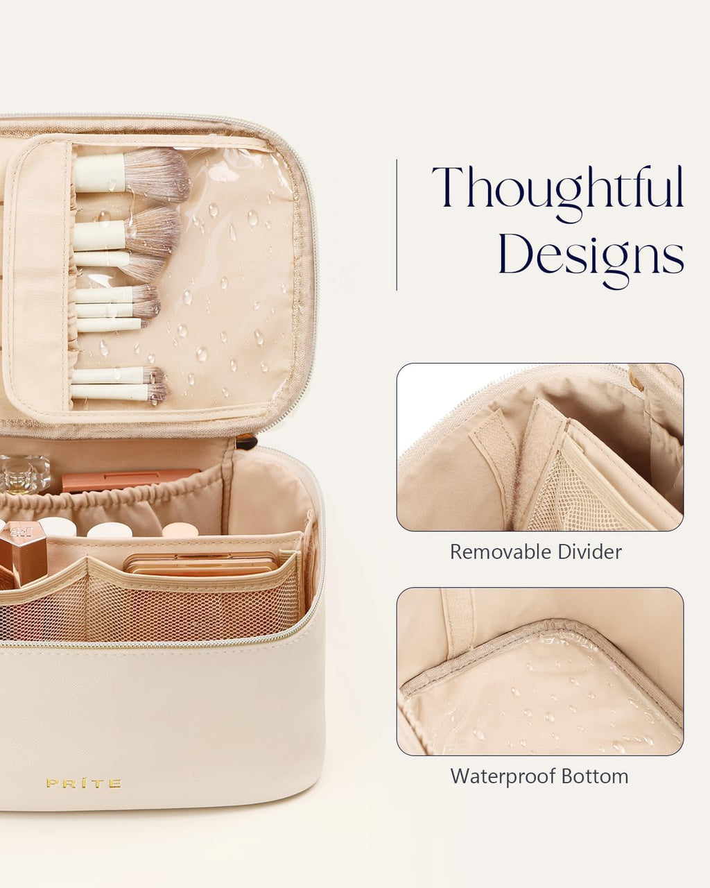 Large Makeup Bag for Women Travel Cosmetic Case Waterproof PU Leather Toiletry Bag Portable Make up Organiser with Handle and Removable Divider (Beige)