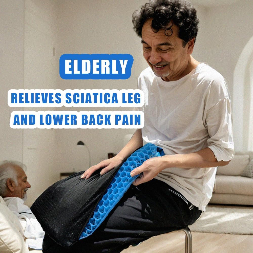 Gel Seat Cushion for Long Sitting - Honeycomb Design for Sciatica & Coccyx Pain Relief - Non-Slip, Breathable - 42X37X3.7Cm for Car/Office/Wheelchair