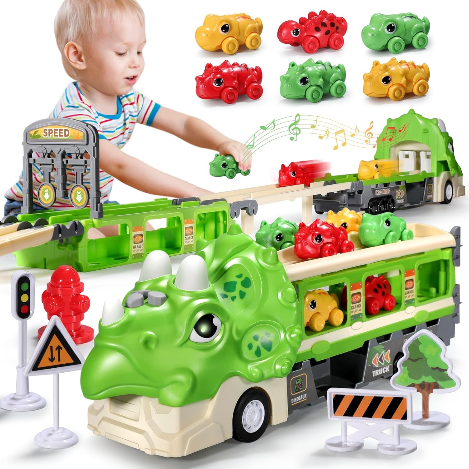 Green Dinosaur Toy Car-Foldable 117Cm Track with Launcher, Lights&Sounds, Safe ABS Plastic, Dual-Layer Storage,Includes 6 Mini Cars&12 Road Signs-Ideal Racing Playset for Kids Ages 3+
