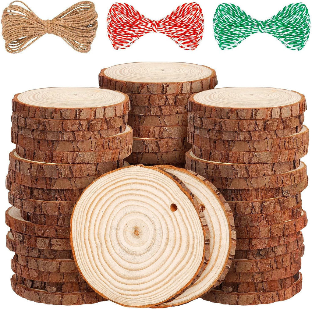 Natural Wood Slices, 54 Pcs 6-7Cm Unfinished Wooden Coasters, Predrilled Log Discs Wooden Log Slices, with 3 Ropes for Arts DIY Crafts, Christmas Decorations or Wedding Favours