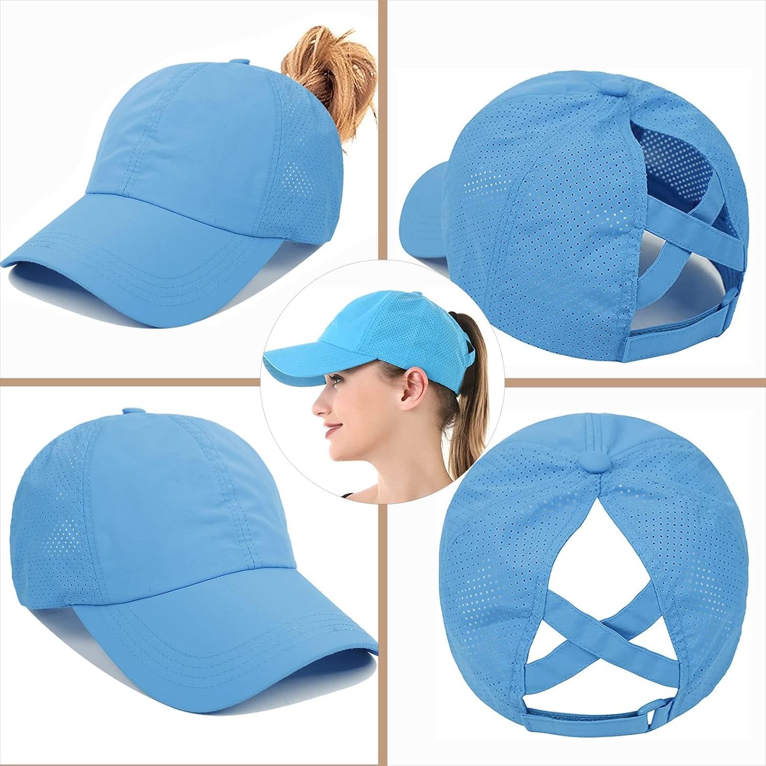 Womens Criss Cross Ponytail Baseball Cap,High Messy Bun Ponycap Quick Drying Mesh Outdoor Sports Hat with Ponytail Hole Adjustable Travel Summer Hat