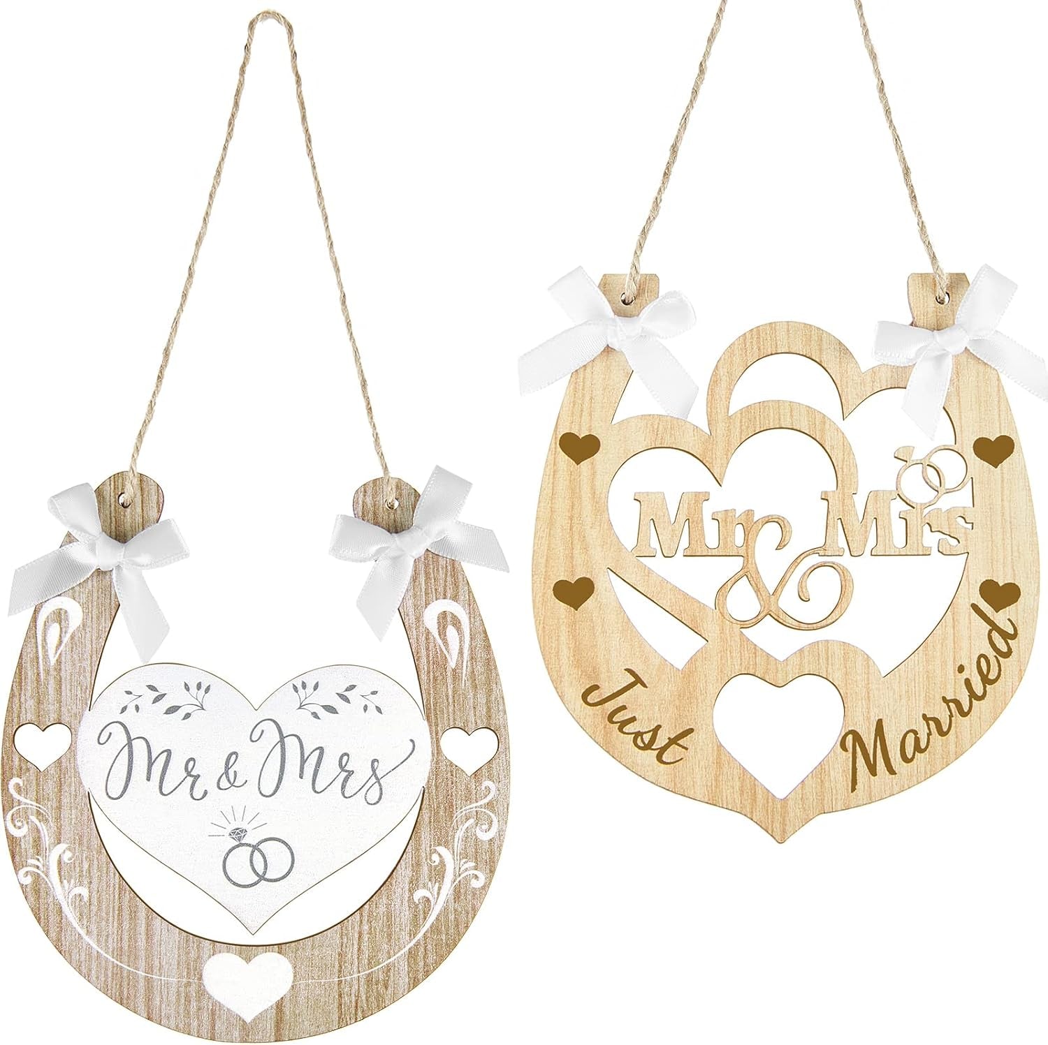 2 Pieces Wedding Horseshoe Craft Acrylic Heart Horseshoe Cutout Art Cutout Decor Wedding Anniversary Favors Hanging Sign for Anniversary Door Wall Decor, 5.3 X 4.7 Inch (Wood)