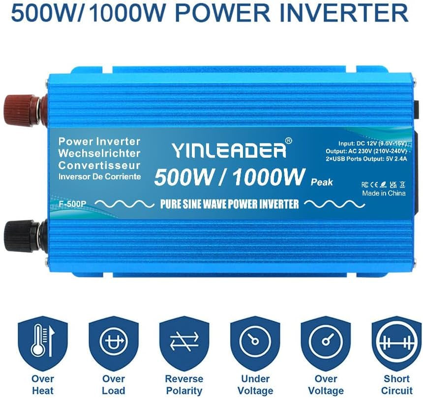 Pure Sine Wave Power Inverter 500W DC 12V to 240V AC Car Power Converter /1000W (Peak) with 2 USB Ports 1 AC Socket for Charge Phone, Pad, Laptop, LED