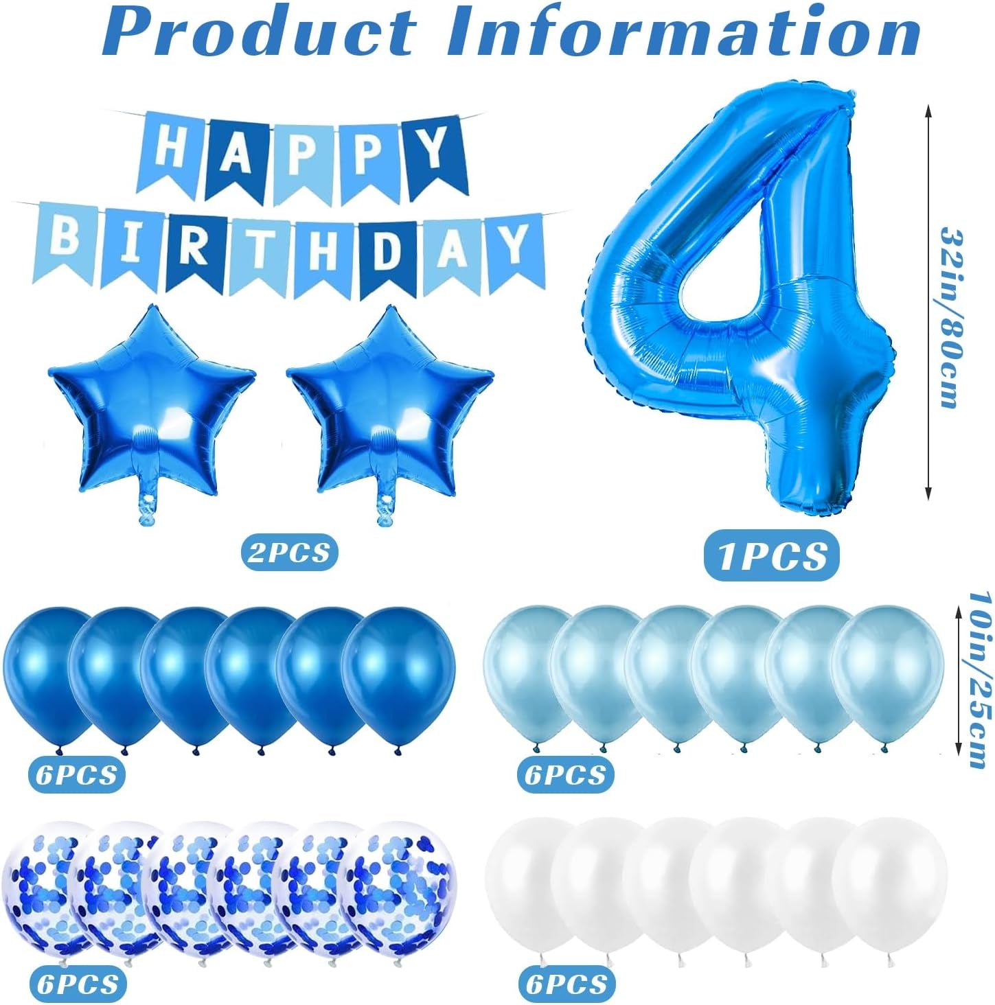 4Th Birthday Decorations for Boys, Number 4 Balloon, Blue Silver Party Decorations, Happy Birthday Bunting Banner, 32Inch Foil Number 4 Balloons Set