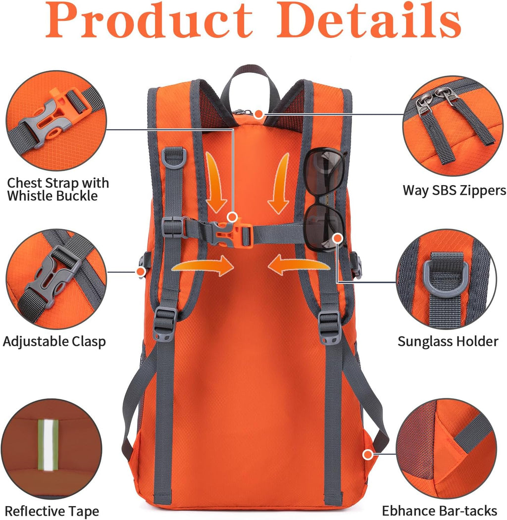 Hiking Backpack, 35L Camping Travel Backpack Packable Outdoor Sports Camping, Water Resistant Lightweight Travel Daypack for Men Women, Orange