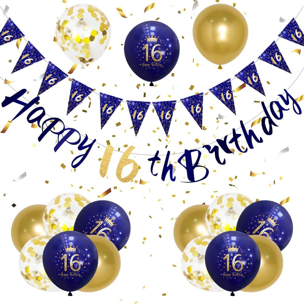Navy Blue & Gold 16Th Birthday Party Decorations - Boys Happy Birthday Banner & Bunting Kit by