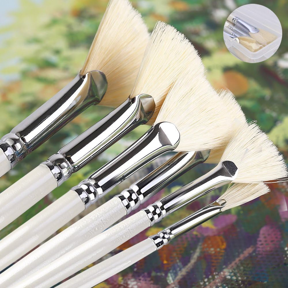 Fan Brushes -  Artist Soft Anti-Shedding Hog Bristle Paint Brush Set for Acrylic Watercolor Oil Painting (6 Pcs)