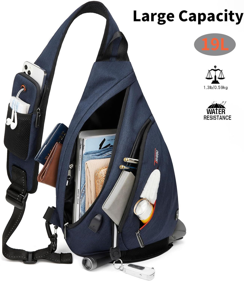 Sling Backpack, 8 Pockets Sling Bag Crossbody, 19L Large Sling Bag for Men Travel Crossbody Backpack Hiking Outdoor