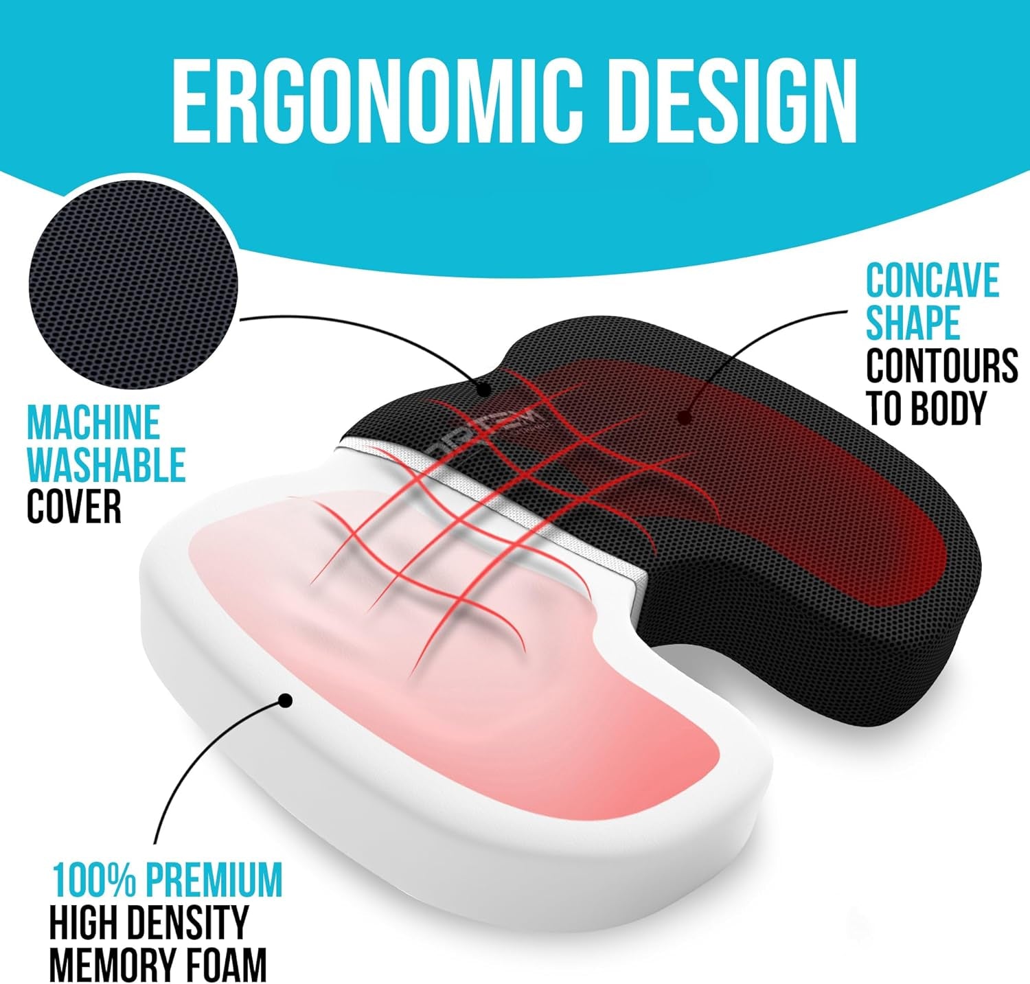 Office Chair Cushion, Memory Foam Seat Cushion, Non Slip Sitting Pillow for Gaming, Car Seat Pillow, Computer Chair Pad, Washable Cover