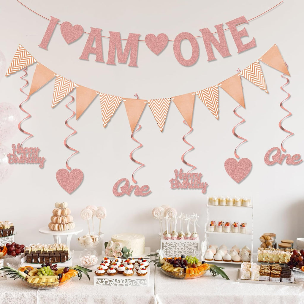 Happy 1St Birthday Decorations Banner - Rose Gold First Birthday Banners Bunting Set for Girls, Glitter Letter One and Heart Swirl Hanging for Baby One Happy Birthday Party Supplies