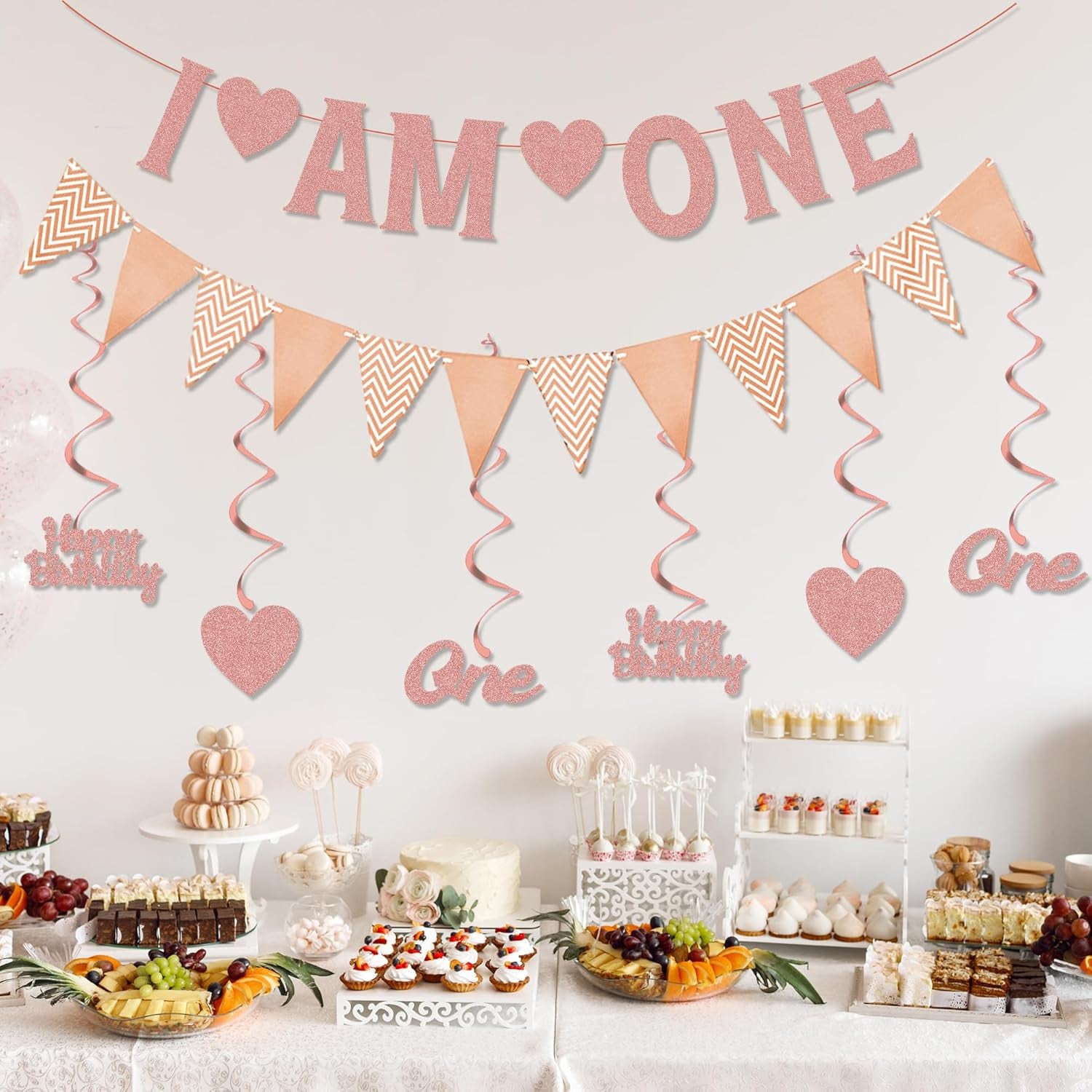 Happy 1St Birthday Decorations Banner - Rose Gold First Birthday Banners Bunting Set for Girls, Glitter Letter One and Heart Swirl Hanging for Baby One Happy Birthday Party Supplies
