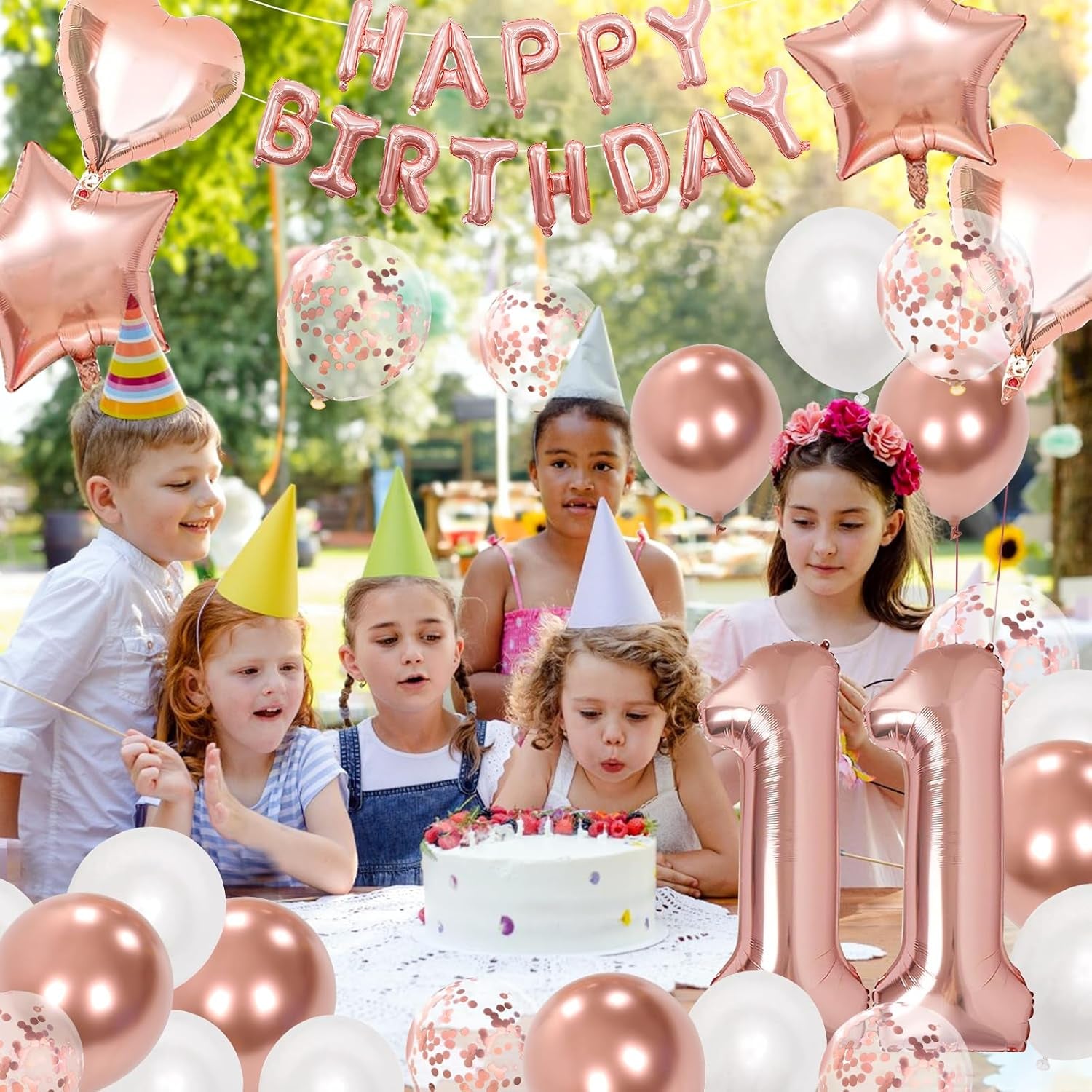 11Th Birthday Decorations for Girls, Rose Gold 11Th Birthday Decorations, Rose Gold 32 Inch Number 11 Foil Balloon with Banner, Star Confetti Balloon for 11 Party Deko