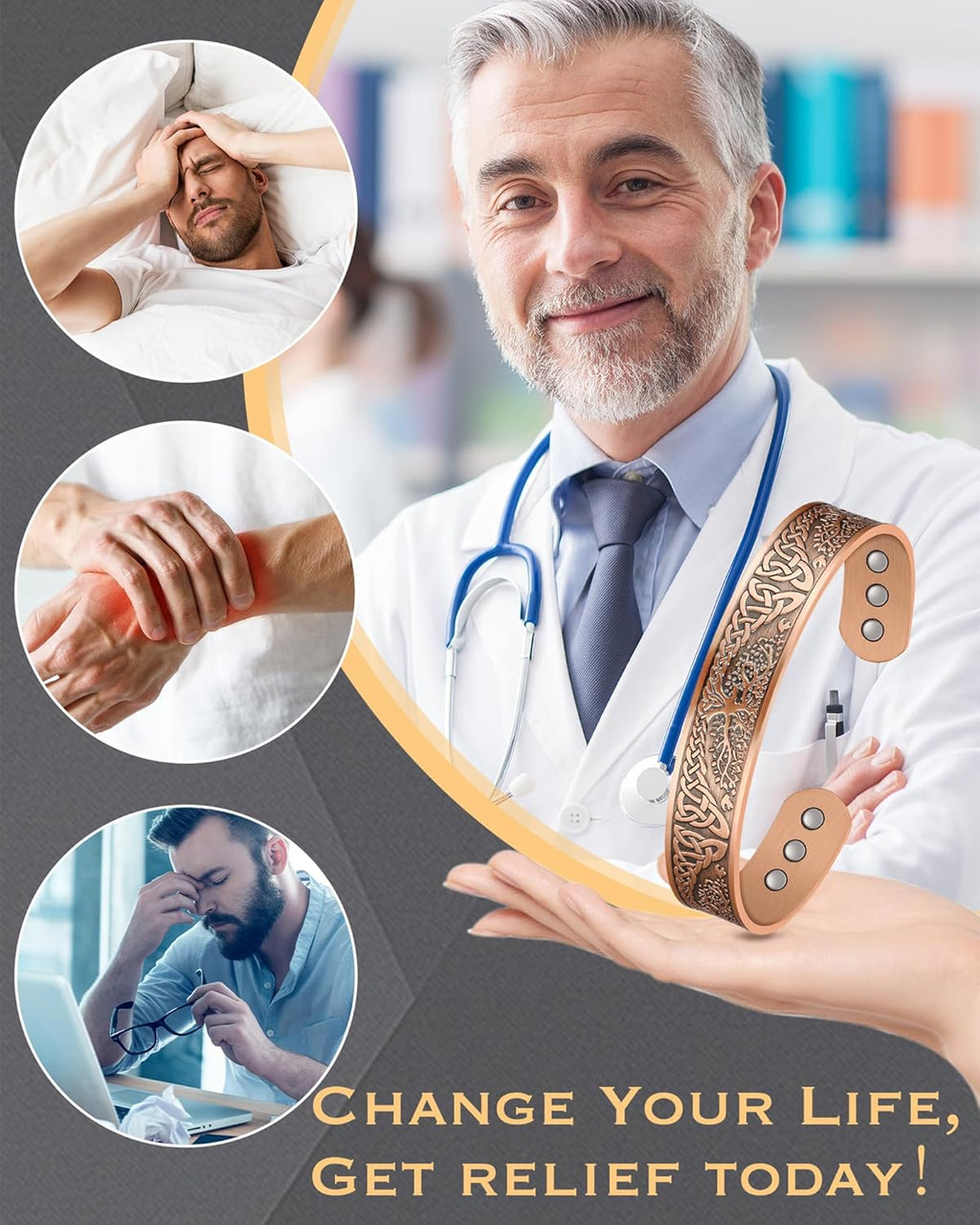 Copper Magnetic Bracelet for Men Women,Tree of Life 100% Solid Copper Cuff Bangle with 6 3500 Guass Magnets,Adjustable Size Brazaletes with Jewellry Gift Box