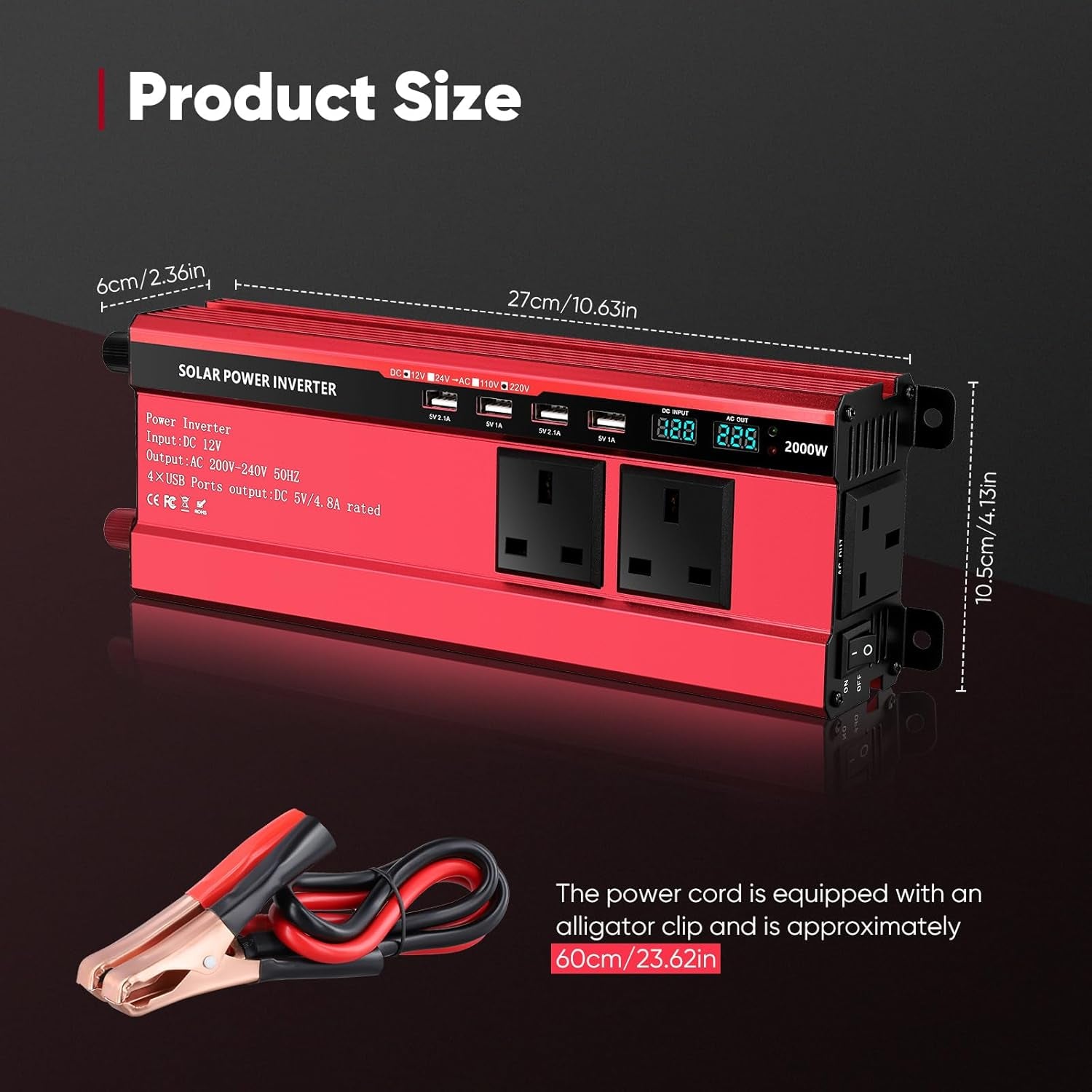 2000W Inverter 12V to 240V,Aluminum Car Power Inverter DC 12V to AC 240V with 3 UK Sockets 4 Usb,Pure Sine Wave Inverter with LED Display & 8-Tier Safety Protection for Travel, Camping