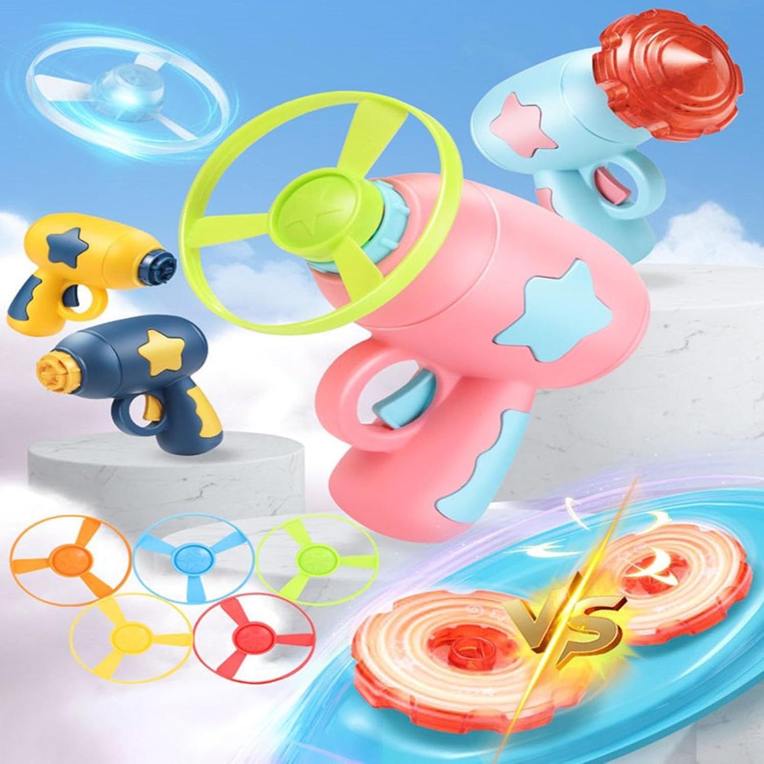 Flying Disc Launcher Toy,Fun and Easy-To-Use Outdoor Toys outside Yard Games Kids 3-8,1 Flying Saucer & 6 Discs and Gyroscope(2 Glow in the Dark)，Launch up to 32 Ft (Pink)