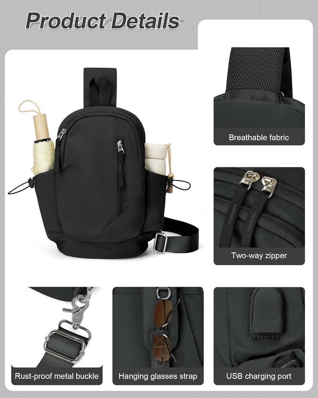 Small Black Sling Crossbody Bag for Men Women, Tactical Backpack Shoulder Daypack Mini Anti-Theft Motorcycle Chest Bags, Small One Strap Backpack for Casual Travel Hiking Outdoor Sports