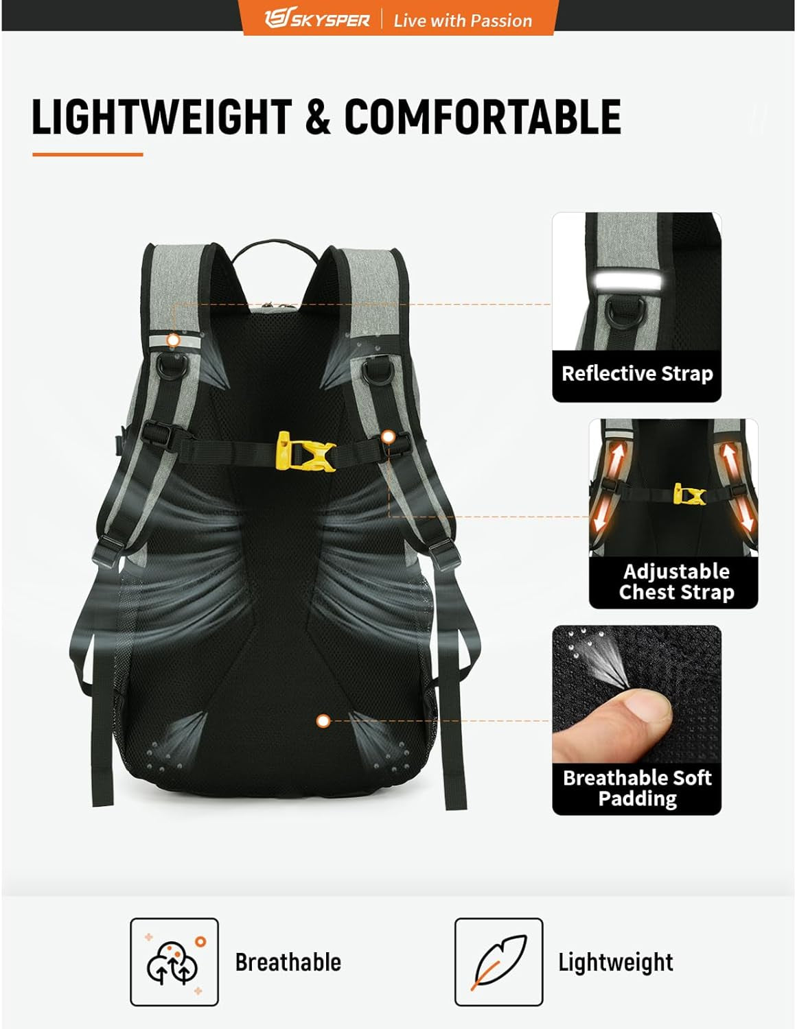 Hiking Backpack 30L Lightweight Travel Backpack Hiking Day Pack for Men Women(Grey)