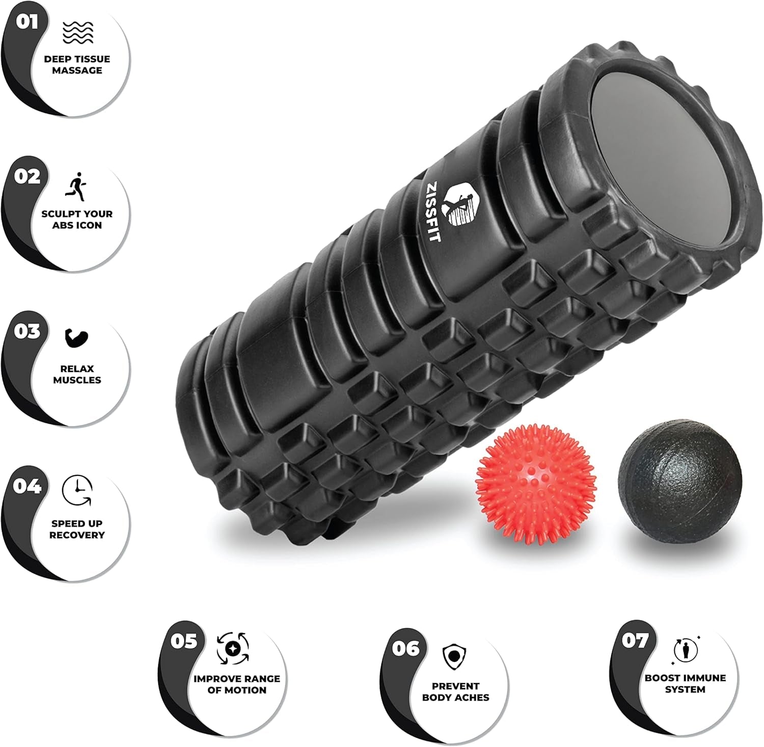 Foam Roller with Massage Balls, Back Roller for Back Pain, Muscles, and Deep Tissue Exercise, High Density EVA Material Massage Roller for Physio-Therapy, Body Fitness and Myofascial Release (Black)