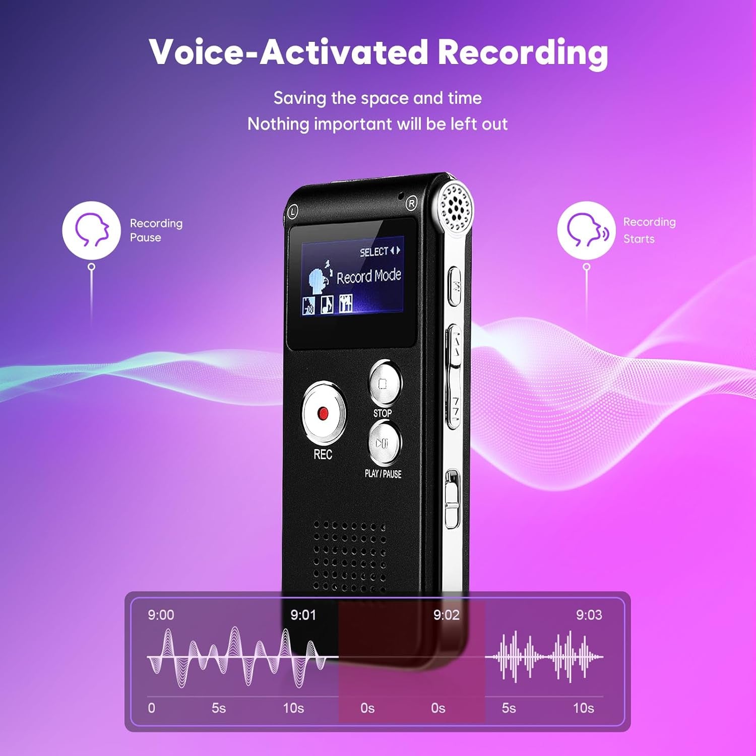 64GB Voice Recorder with Noise Reduction, 4800 Hours  Dictaphone Voice Activated Recorder with Playback for Lectures Meetings, 1536Kbps Smart Audio Sound Tape Recording Device with Password