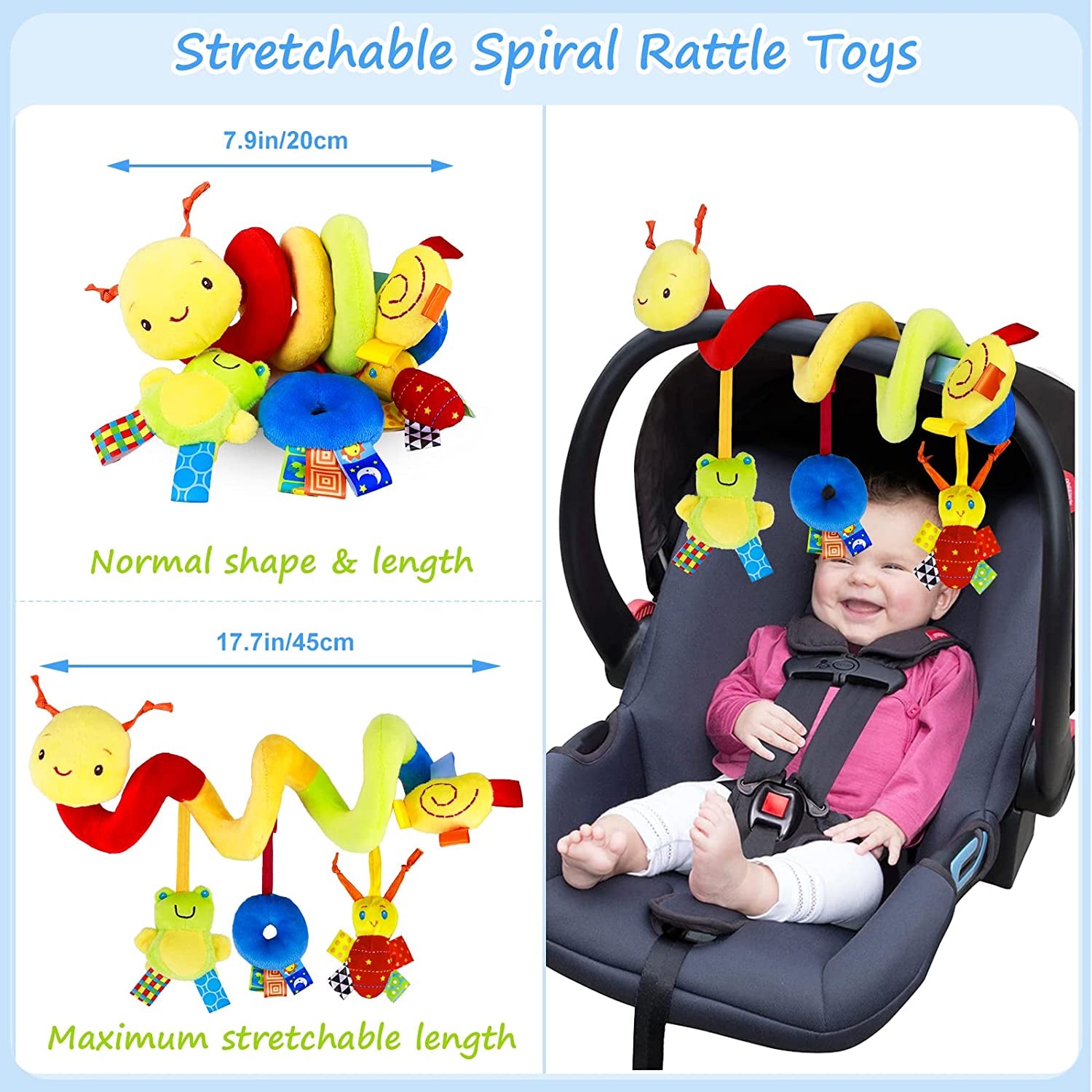 Spiral Car Seat & Stroller Activity Toy - Baby Sensory Toys Soft Hanging Toys for Babies 0-12 Months Boys Girls Carseat Crib Stroller, with Ringing Bell, Music